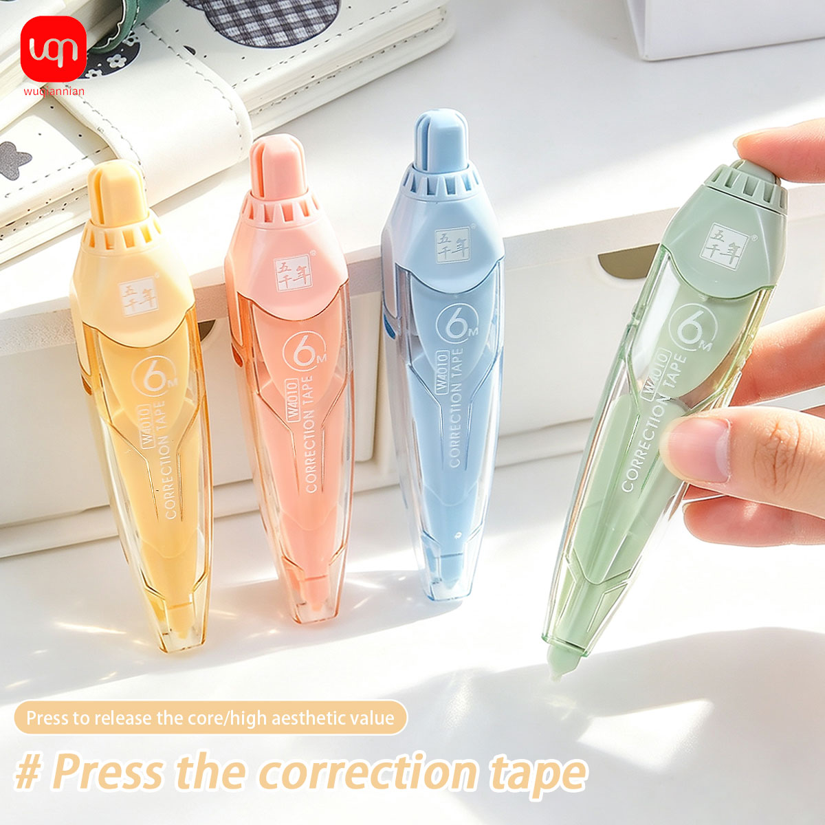 Correction Tape Roller - 6m correctietape, penmodel met drukknop, pastelkleuren,